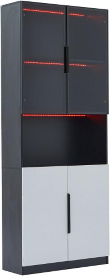 GOTAGEE Vitrinekast met glazen deuren met LED-verlichting boekenplank voor verzamelobjecten instelbare kleurtemperatuur en helderheid witte deuren met zwarte decoratie 30*80*200cm