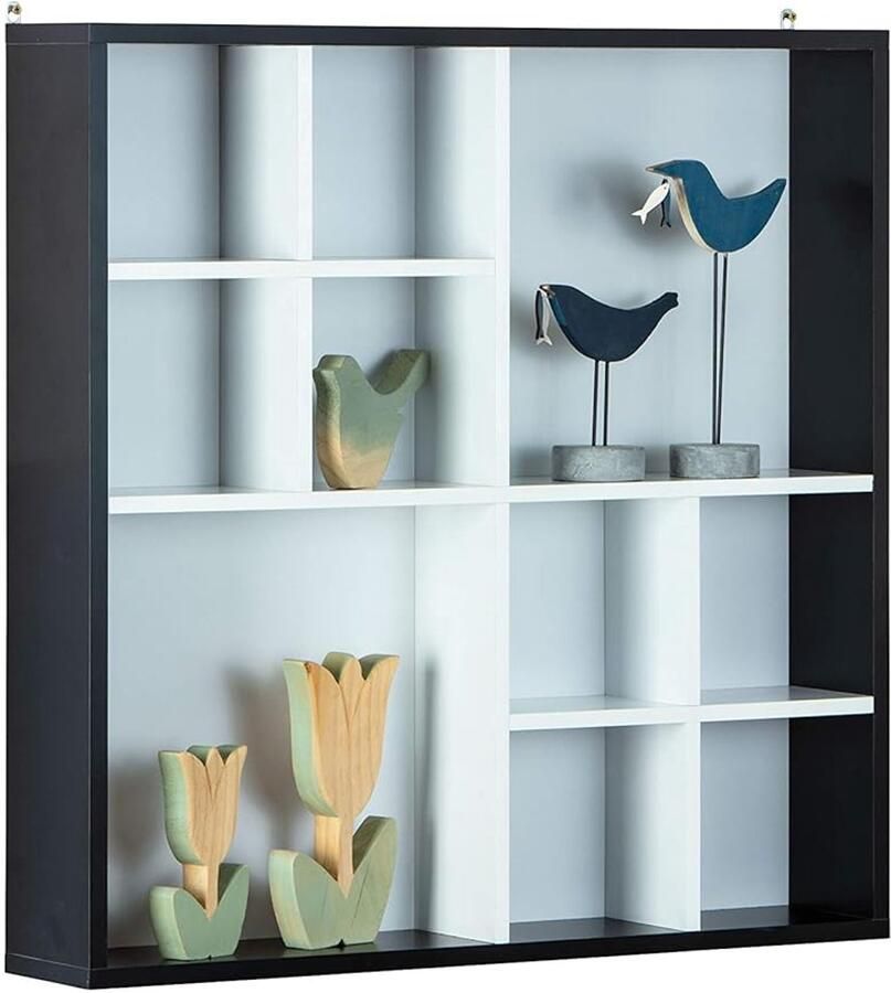 Vitrinekast Wandplank 10 vakken zwart wit MDF 70 x 13 x 70 cm