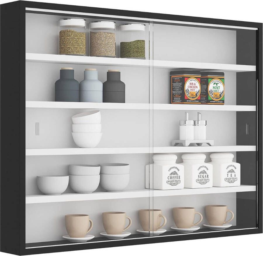 Goodivery Vitrinekast met Glas Vitrinekasten -Vitrinekast Hangend Wandvitrine Vitrine Kast 9.5x80x60 Zwart Wit - Foto 2