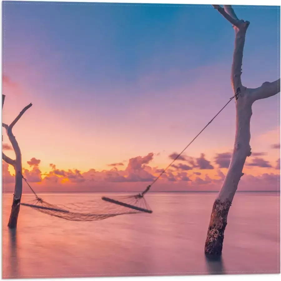 Vlag Hangmat tussen Kale Takken in de Zee tijdens Zonsondergang 50x50 cm Foto op Polyester Vlag