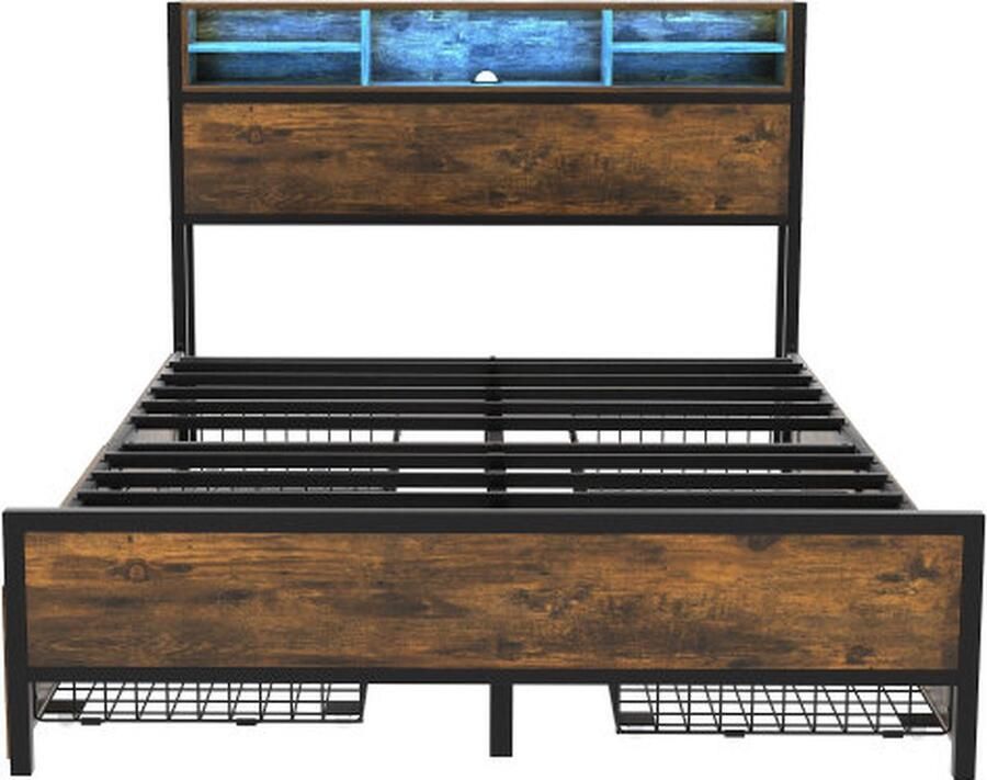 Zonder merk Gotagee Vlak bed 140x200cm Jeugdbed (zonder matras) Bruin Metaal met LED en USB