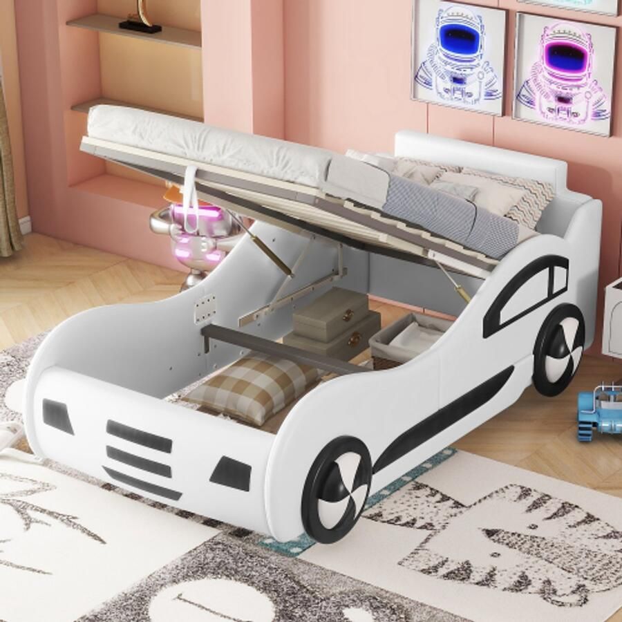 Vlak bed 90 x 200 cm bed met lattenbodem (zonder matras) autobedmodel autobed kinderbed met opbergruimte onder het bed wit