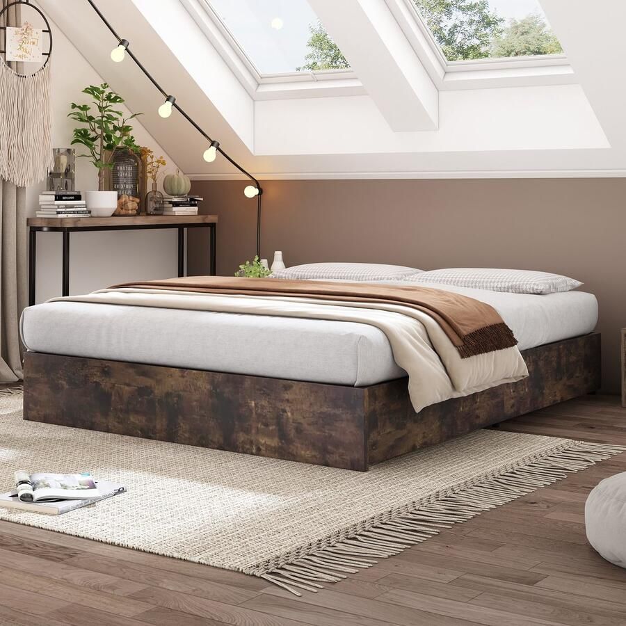 Vlasbed metalen bed 140 x 200 cm ijzeren bed zonder matras vier laden geen hoofdeinde donkerbruin