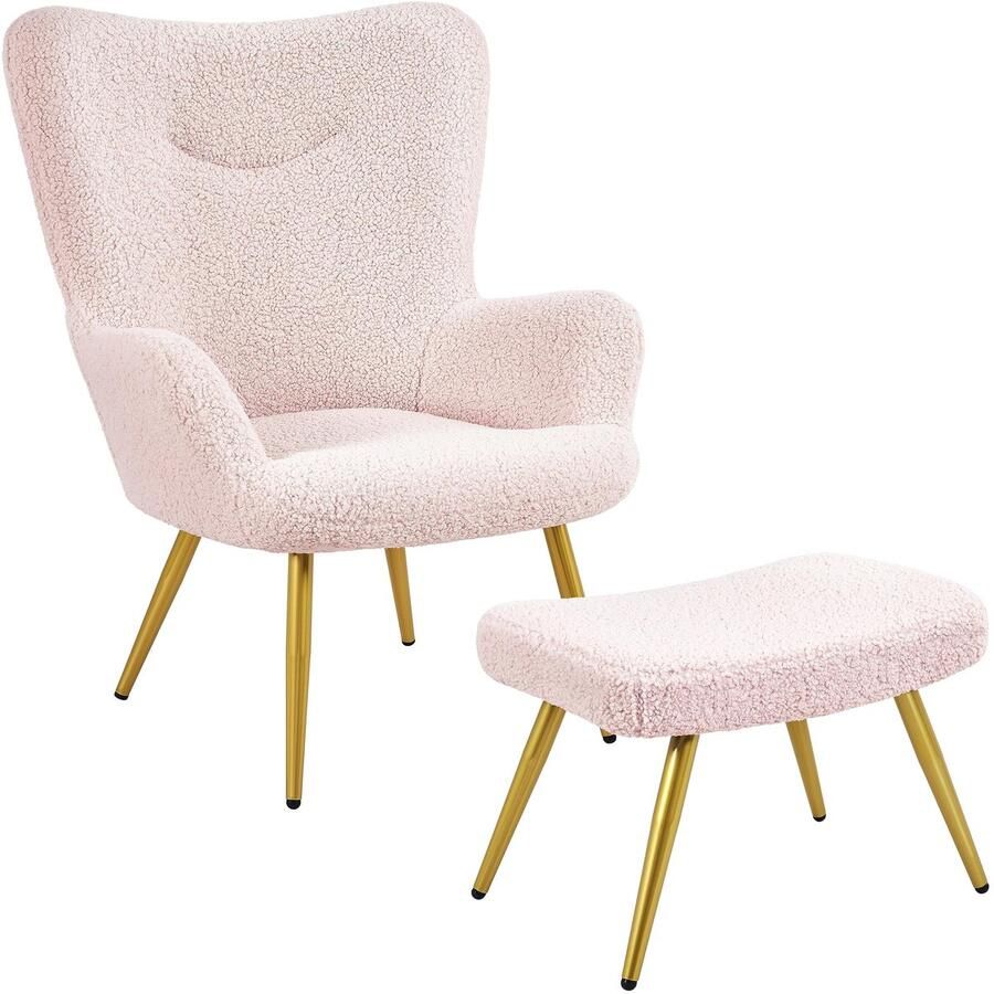 Wing fauteuil met kruk polyester bekleding televisiestoel armleuningstoel gestoffeerde stoel relaxstoel cocktailstoel teddy pluche stijlvol design roze