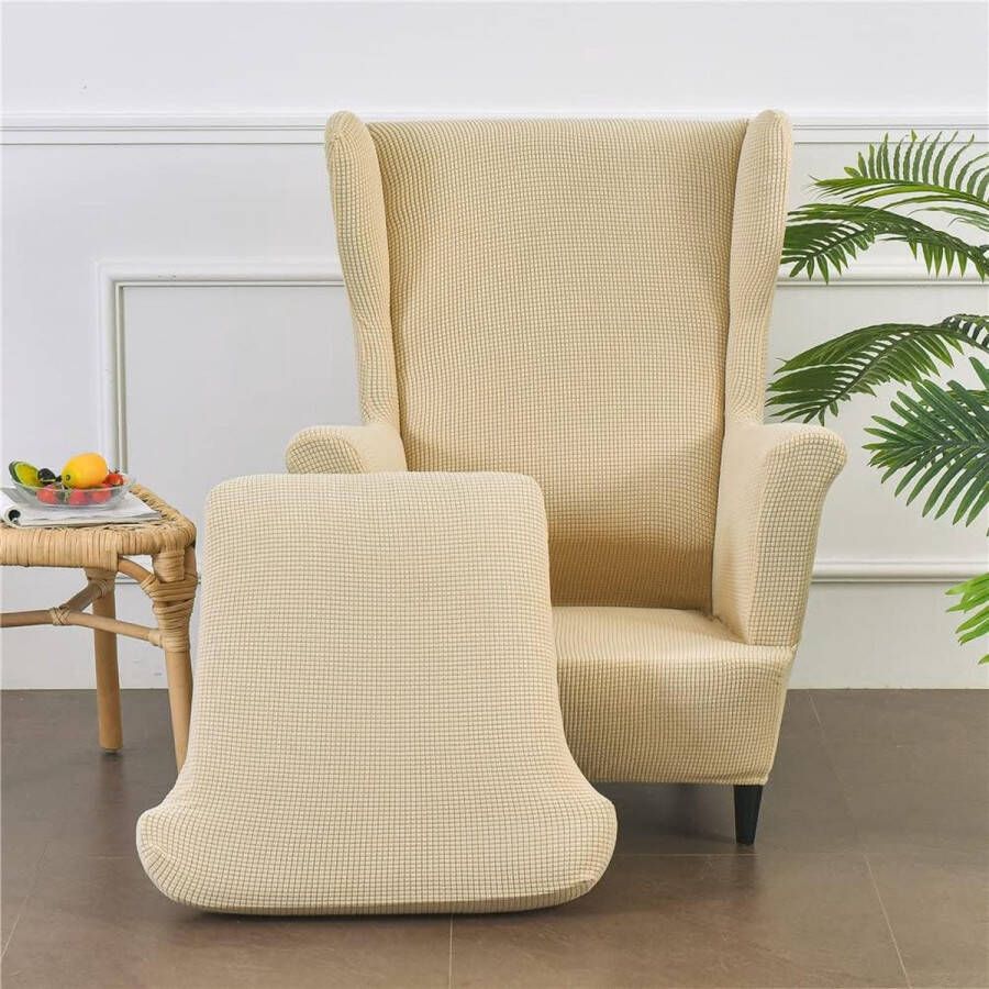Vleugelstoel hoezen 2-delige stretch vleugelstoel hoes modieuze effen kleur fluwelen Strandmon bankhoes meubelbeschermer voor fauteuils voor woonkamer slaapkamer of hotel (beige)