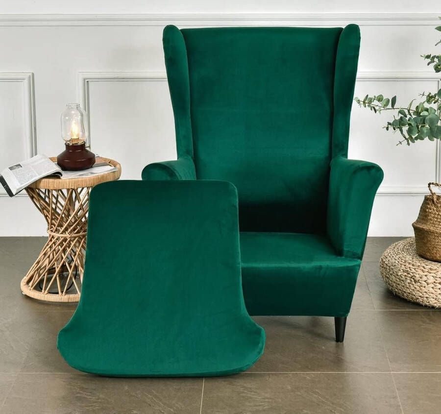 Vleugelstoel hoezen 2-delige stretch vleugelstoel hoes modieuze effen kleur. Fluwelen Strandmon bankhoes. Meubelbeschermer voor fauteuil stoelen voor woonkamer slaapkamer of hotel (donkergroen) - Foto 2