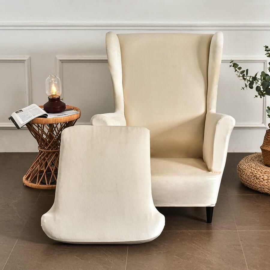 Vleugelstoel hoezen 2-delige stretch vleugelstoel hoes modieuze effen kleur. Fluwelen Strandmon bankhoes. Meubelbeschermer voor fauteuil stoelen voor woonkamer slaapkamer of hotel (beige)