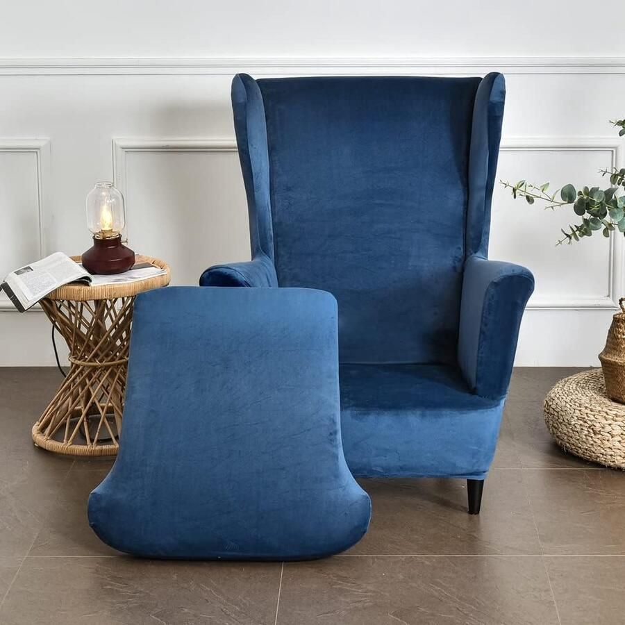 Vleugelstoel hoezen 2-delige stretch vleugelstoel hoes modieuze effen kleur. Fluwelen Strandmon bankhoes. Meubelbeschermer voor fauteuil stoelen voor woonkamer slaapkamer of hotel (marineblauw)