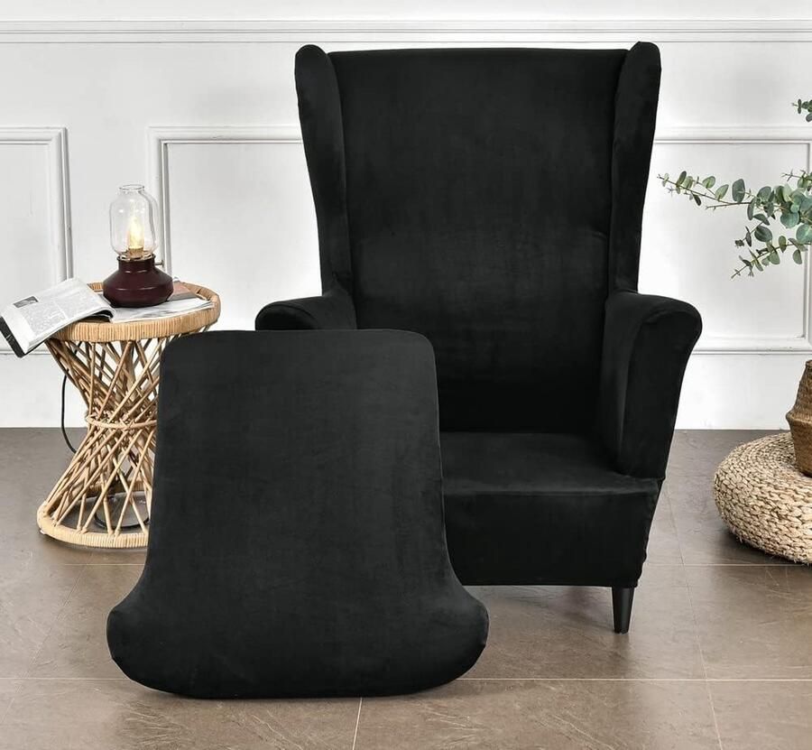 Vleugelstoel hoezen 2-delige stretch vleugelstoel hoes modieuze effen kleur. Fluwelen Strandmon bankhoes. Meubelbeschermer voor fauteuil stoelen voor woonkamer slaapkamer of hotel (zwart)