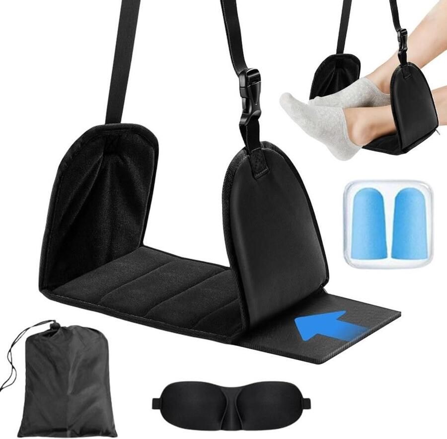 Vliegtuig voetensteun voethangmat met ingebouwde afneembare steunplaat Draagbaar en verstelbaar inclusief slaapmasker en oordopjes Zwart