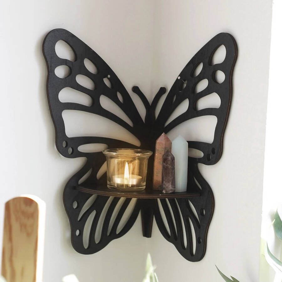 Vlinder hoek wandplank zwart display hout opslag organizer