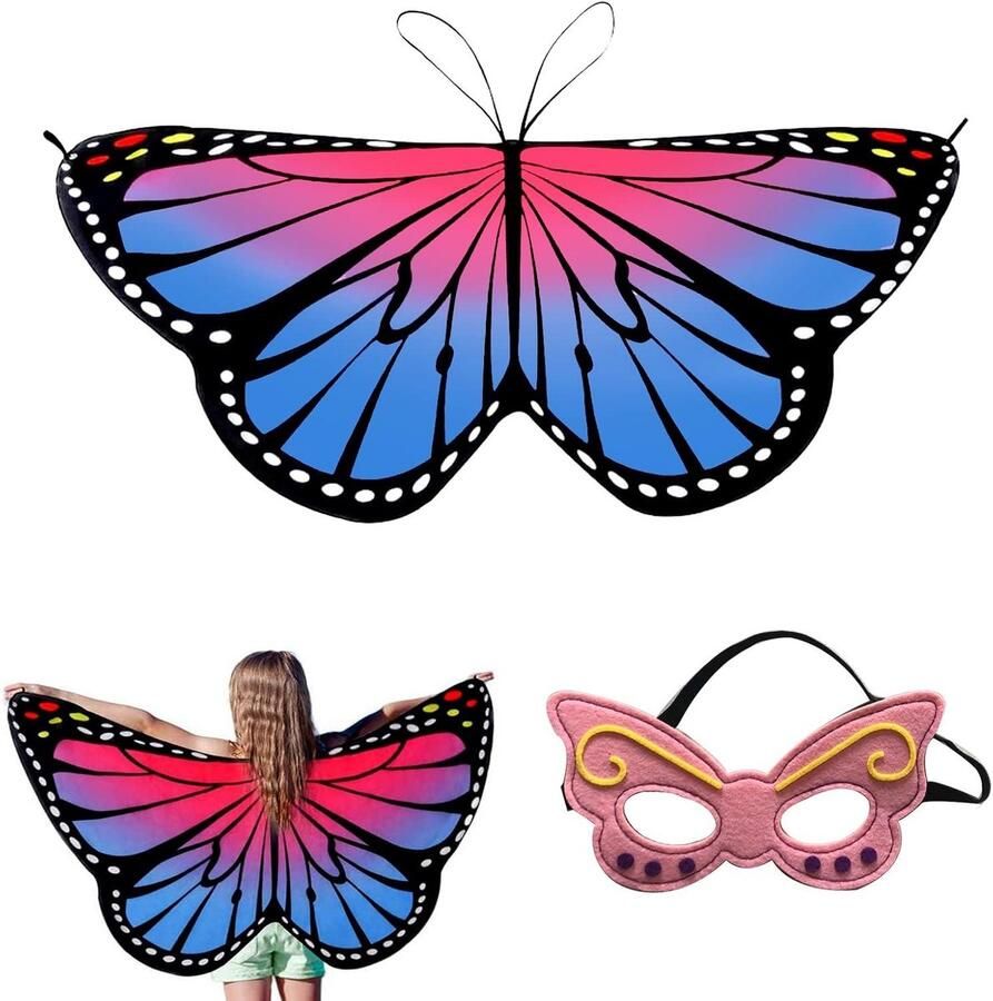 Vlindervleugelcape voor kinderen met hoofdband Verkleedpartij voor meisjes 3-8 jaar