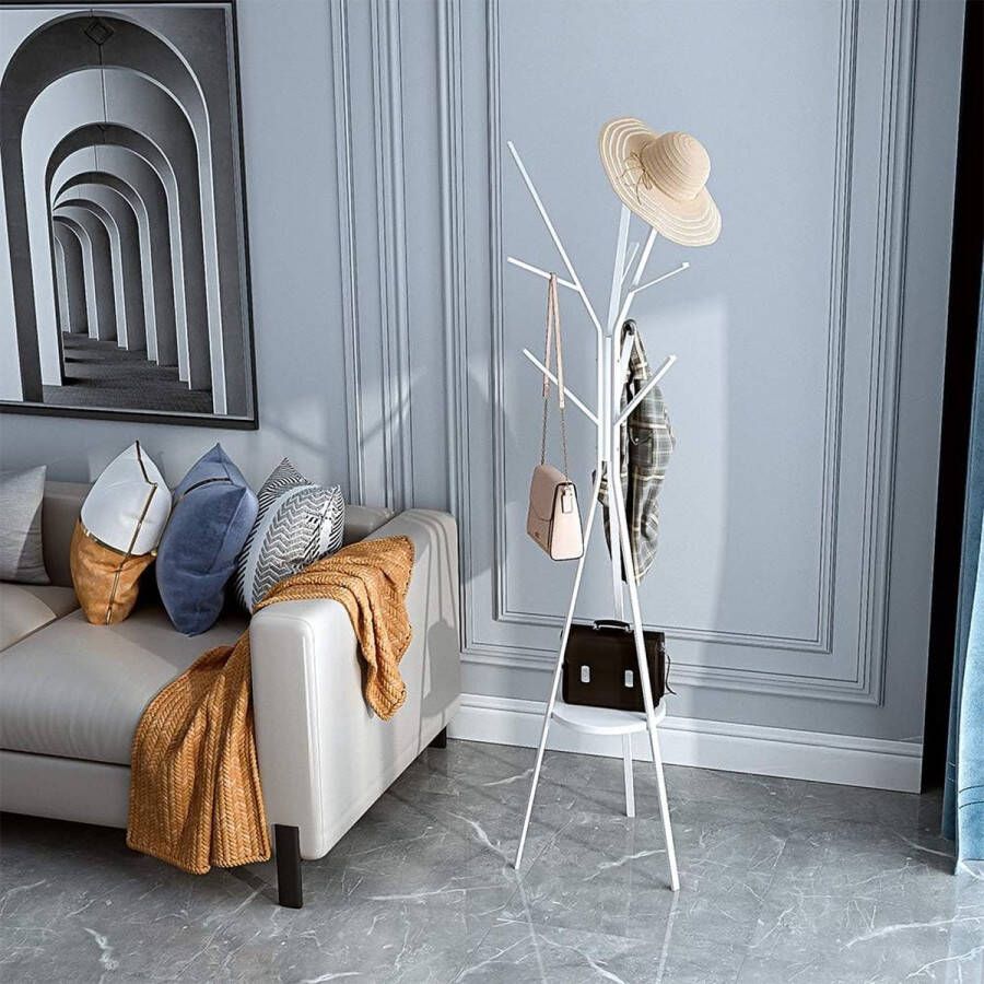 Vloer gang kledingrek boom wit 180 cm hoge kleerhanger met plank en 9 haken voor handtas jas-sjaalhouder freestanding Metal Coat Rack Tree White