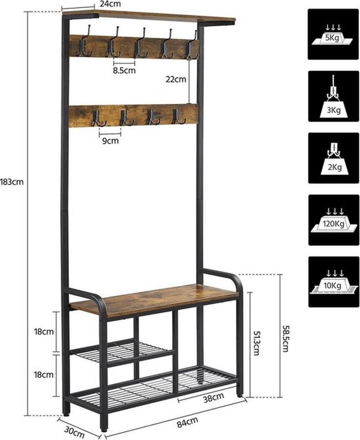 Vloer garderobe met schoenenrek en 9 haken Industriële stijl Entree 183 x 30 x 84 cm