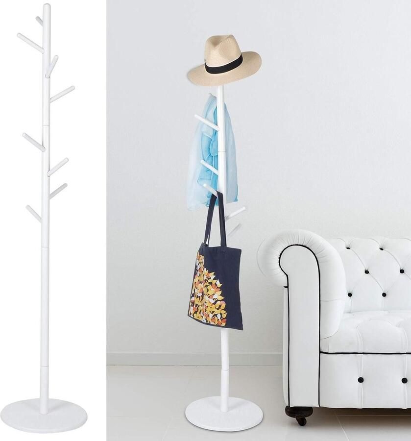 Vloer-kledingrek 36 x 169 cm kapstok met 8 haken voor kleding tassen sjaals hal ingang (wit)