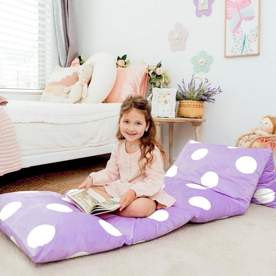 Vloer kussensloop matras bed ligstoel polka-paars gezellige zitoplossing voor kinderen en volwassenen fauteuil voor lezen tv-tijd logeerpartijtjes en peuterdutmat floor pillow