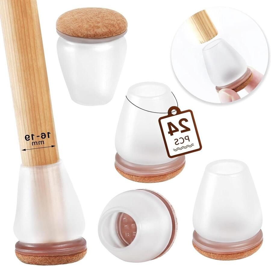 Vloerbeschermers 24 stuks siliconen stoelpootdoppen transparant 19-32 cm meubelbeker met vilten pads