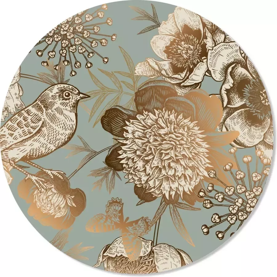 Vloercirkel Vloerzeil Vloerkleed 90X90 Goud Vogel Bloem