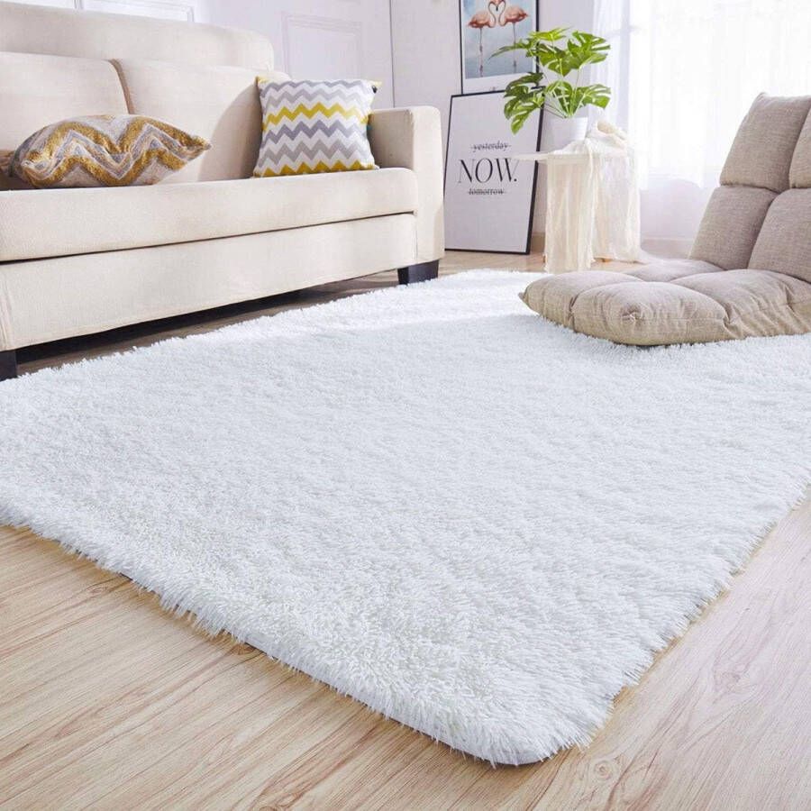Selwo Vloerkleden slaapkamer pluizig zacht hoogpolig tapijt antislip tapijt woonkamer moderne tapijten wasbaar (120 x 160 cm wit)
