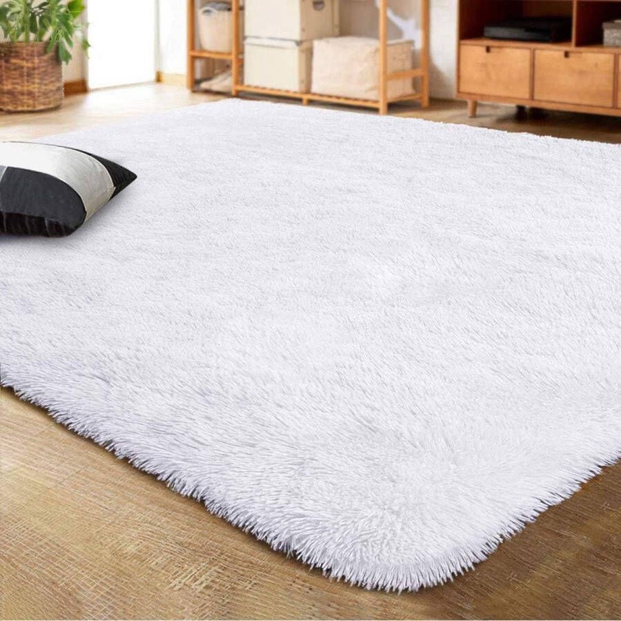Vloerkleden slaapkamer pluizig zacht hoogpolig tapijt antislip tapijt woonkamer moderne tapijten wasbaar (120 x 160 cm wit)