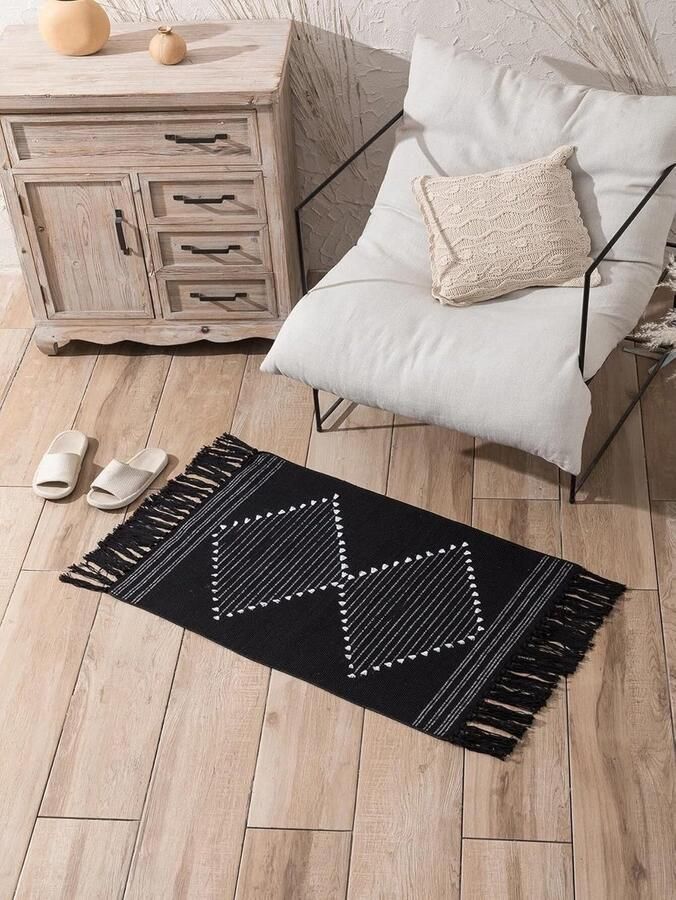 Vloerkleden van katoen met kwastjes geweven katoen vloerkleed voor keuken woonkamer slaapkamer wasruimte entree (zwart 60 x 90 cm)