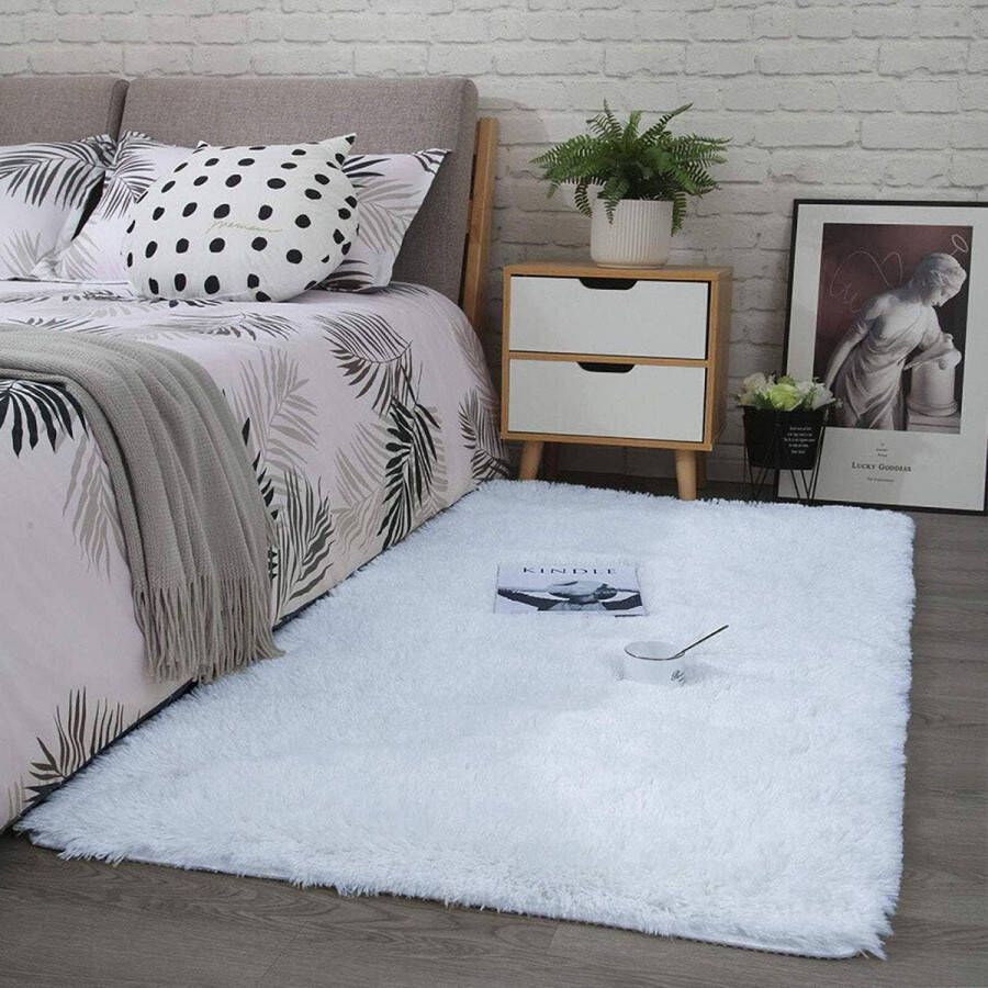 Vloerkleden voor de slaapkamer wollig zacht hoogpolig antislip tapijt woonkamer moderne tapijten wasbaar (80 x 120 cm wit)