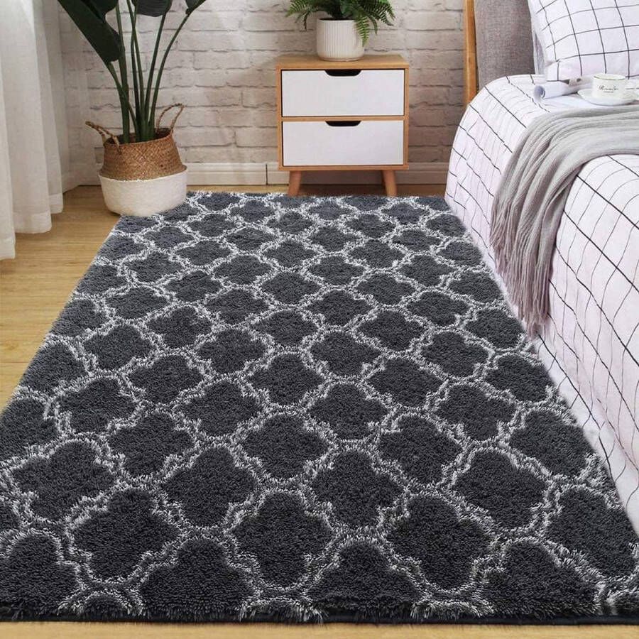 Vloerkleden voor de slaapkamer wollig zacht hoogpolig tapijt antislip tapijt woonkamer moderne tapijten wasbaar (185 x 185 cm grijs-wit)
