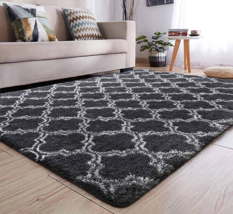 Vloerkleden voor de slaapkamer wollig zacht hoogpolig tapijt antislip tapijt woonkamer moderne tapijten wasbaar (185 x 185 cm grijs-wit)