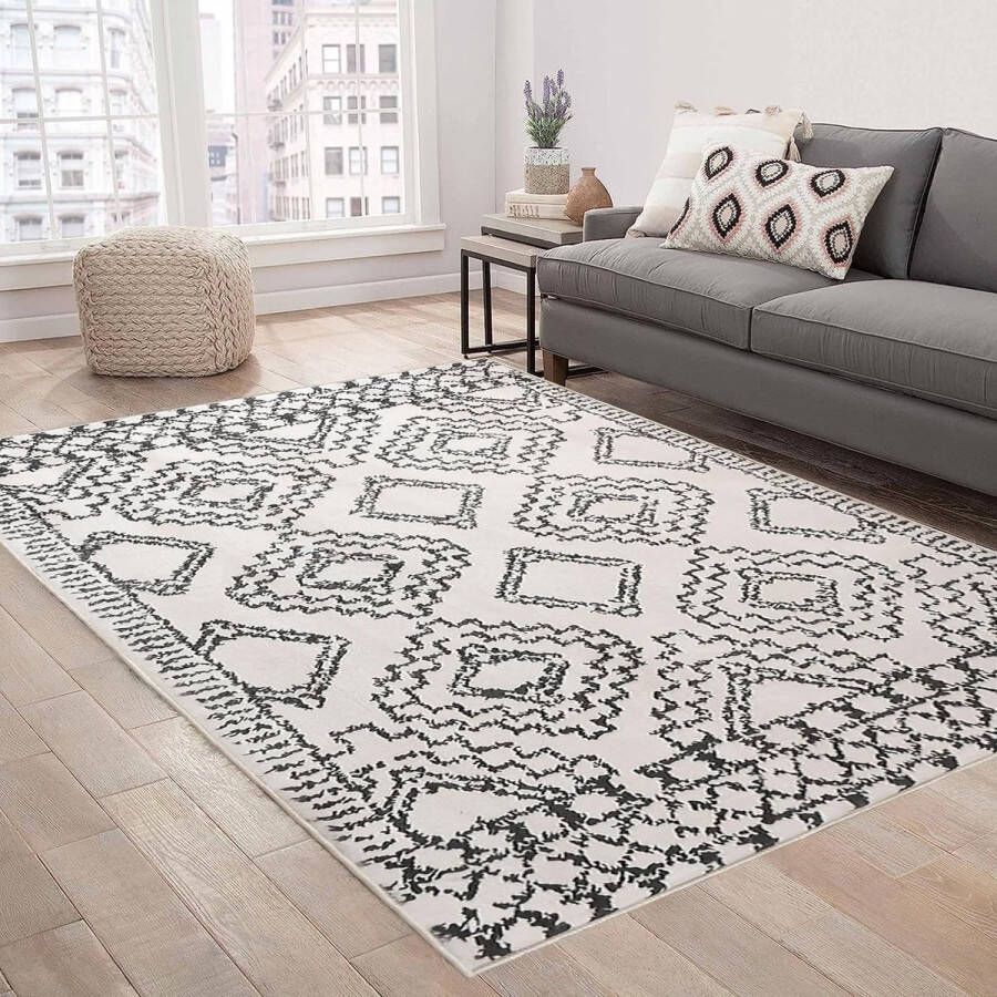 Vloerkleden voor de woonkamer abstract tapijt Marokko grote tapijten laagpolig tapijt voor woonkamer slaapkamer eetkamer anti-slip tapijten (ivoor zwart 160 x 200 cm)