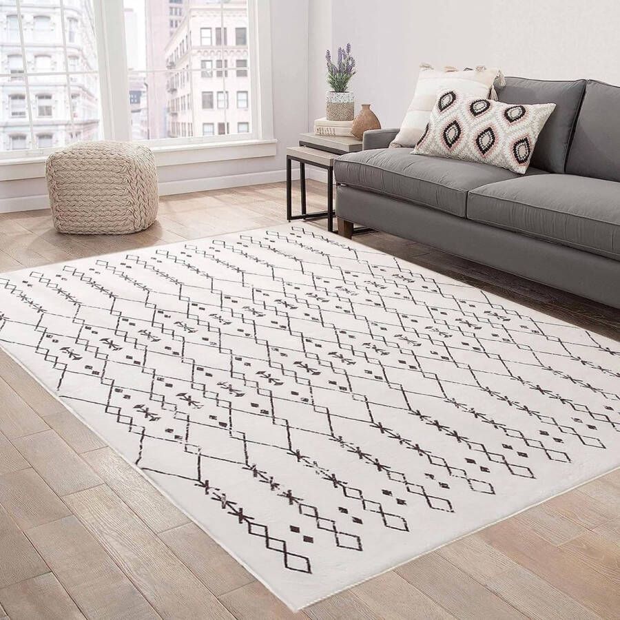 Vloerkleden voor de woonkamer abstract tapijt Marokko grote tapijten laagpolig tapijt voor woonkamer slaapkamer eetkamer anti-slip tapijten (beige ivoor 160 x 200 cm)