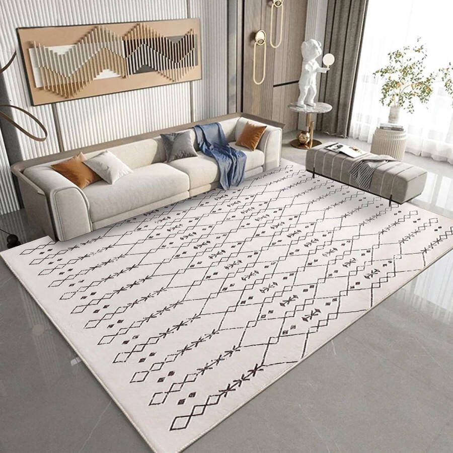 Vloerkleden voor de woonkamer abstract tapijt Marokko grote tapijten laagpolig tapijt voor woonkamer slaapkamer eetkamer anti-slip tapijten (beige ivoor 200 x 250 cm)
