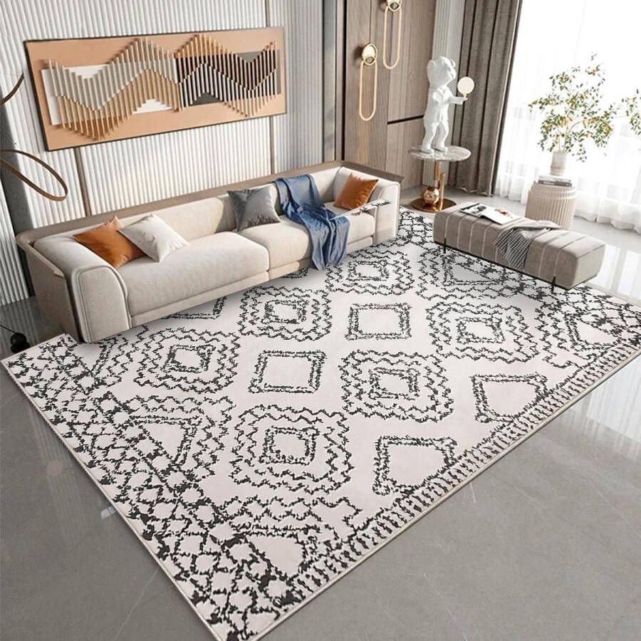 Vloerkleden voor de woonkamer abstract tapijt Marokko grote tapijten laagpolig tapijt voor woonkamer slaapkamer eetkamer anti-slip tapijten (ivoor zwart 200 x 300 cm)