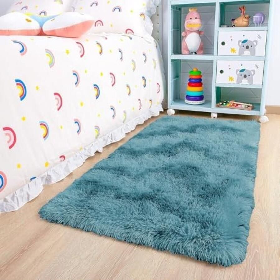 Vloerkleden voor woonkamer 60 x 110 cm tie-dye groenblauw vloerkleden voor slaapkamer antislip moderne superzachte pluche tapijten pluizig ruig tapijt voor lounge en eetkamer