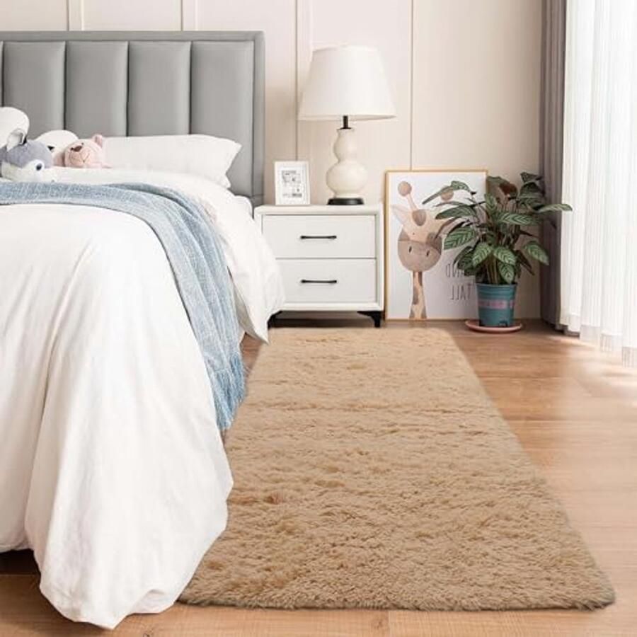 Vloerkleden voor Woonkamer en Slaapkamer Pluizig Beige Antislip Tapijt 60 x 220 cm