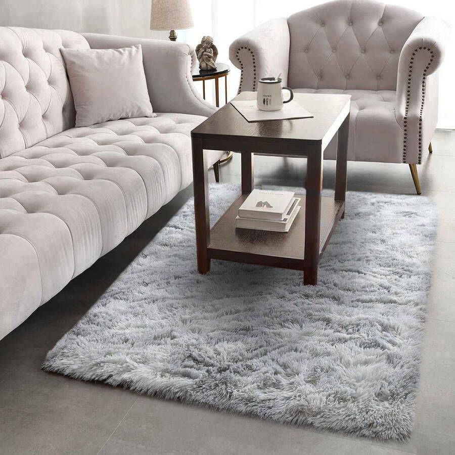 Vloerkleden woonkamer groot hoogpolig tapijt voor slaapkamer wasbaar pluizig tapijt zachte vloermat voor wooncultuur (grijs wit 80 x 150 cm)