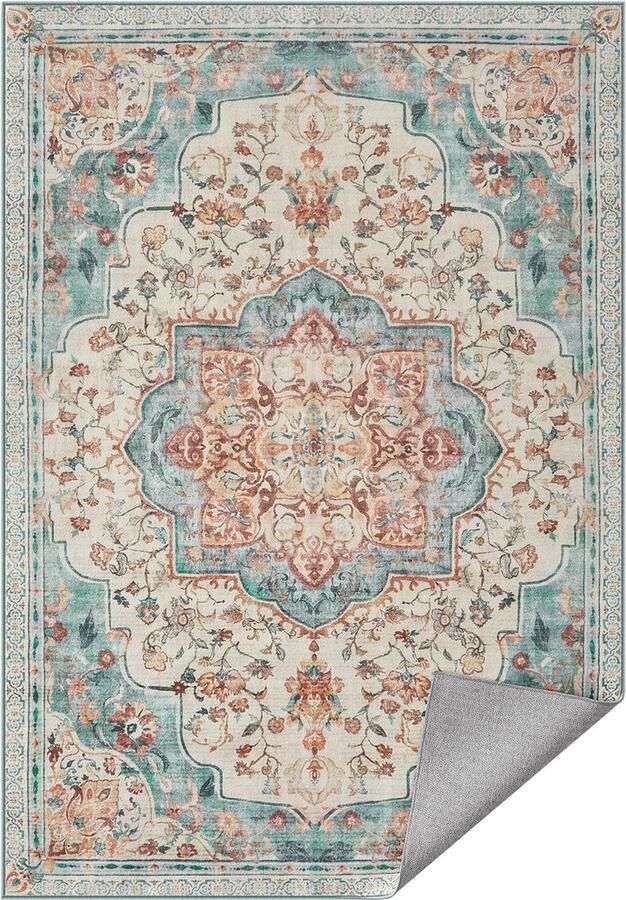 Vloerkleed 120 x 170 cm Traditioneel Vintage Antisliptapijt Machinewasbaar voor Woonkamer Keuken Hal en Eetkamer Aquamarijn Kleur