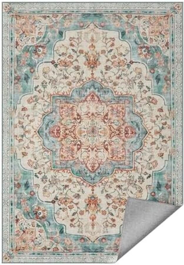 Vloerkleed 120 x 170 cm Woonkamertapijt Antisliptapijt Traditionele vintage stijl Woonkamer Keuken Hal Eetkamer Machinewasbaar Aquamarijn TAR032Q01