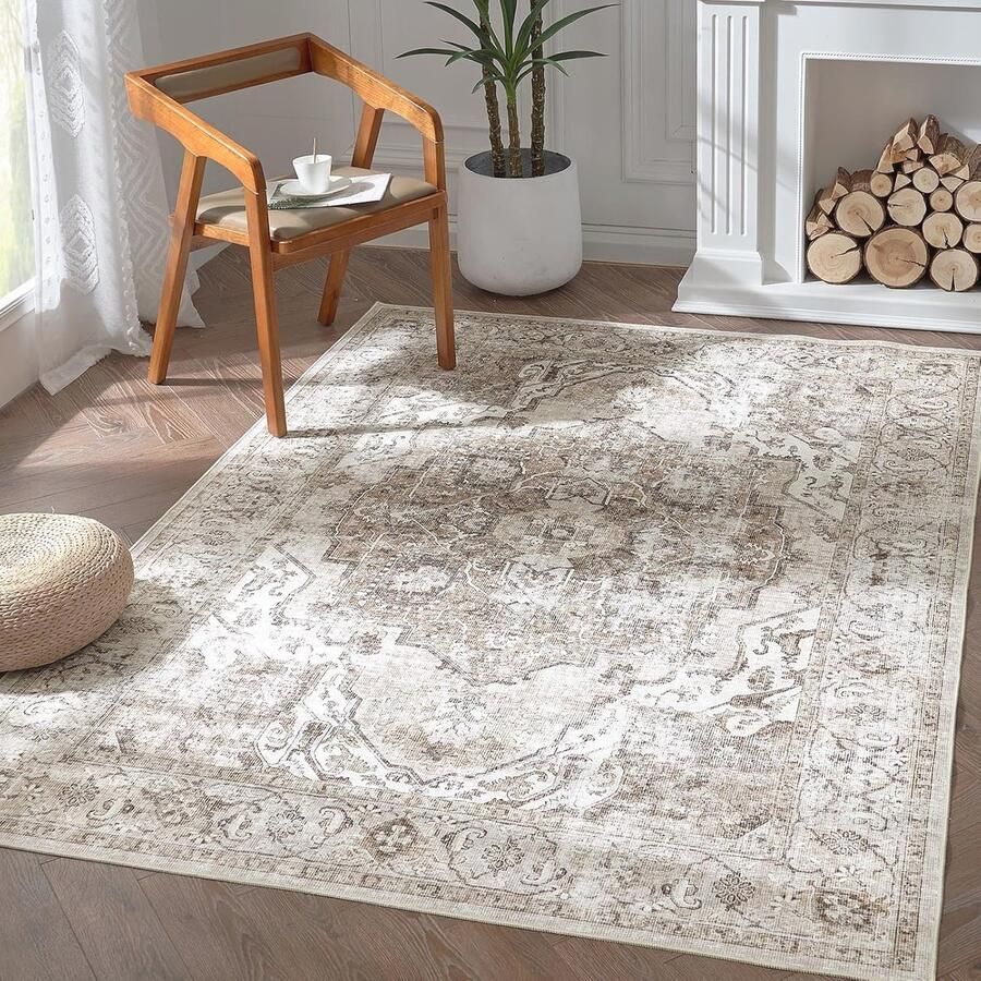 Vloerkleed 120 x 180 cm Bruin Vintage Bloemenprint Antislip Wasbaar voor Binnen en Buiten