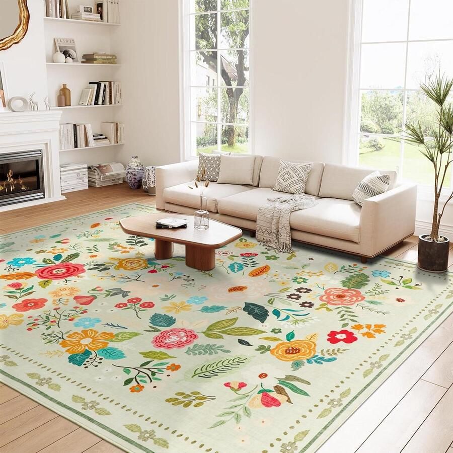 Vloerkleed 160 x 230 cm groen bloemen laagpolig tapijt kinderkamer wasbaar vintage bloementapijt voor slaapkamer en woonkamer met Allecto Plus