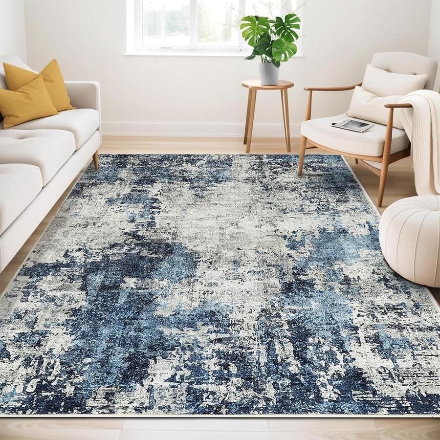 Vloerkleed 160 x 230 cm Vintage Blauw Tapijt Laagpolig en Wasbaar Antislip Design voor Woonkamer en Slaapkamer