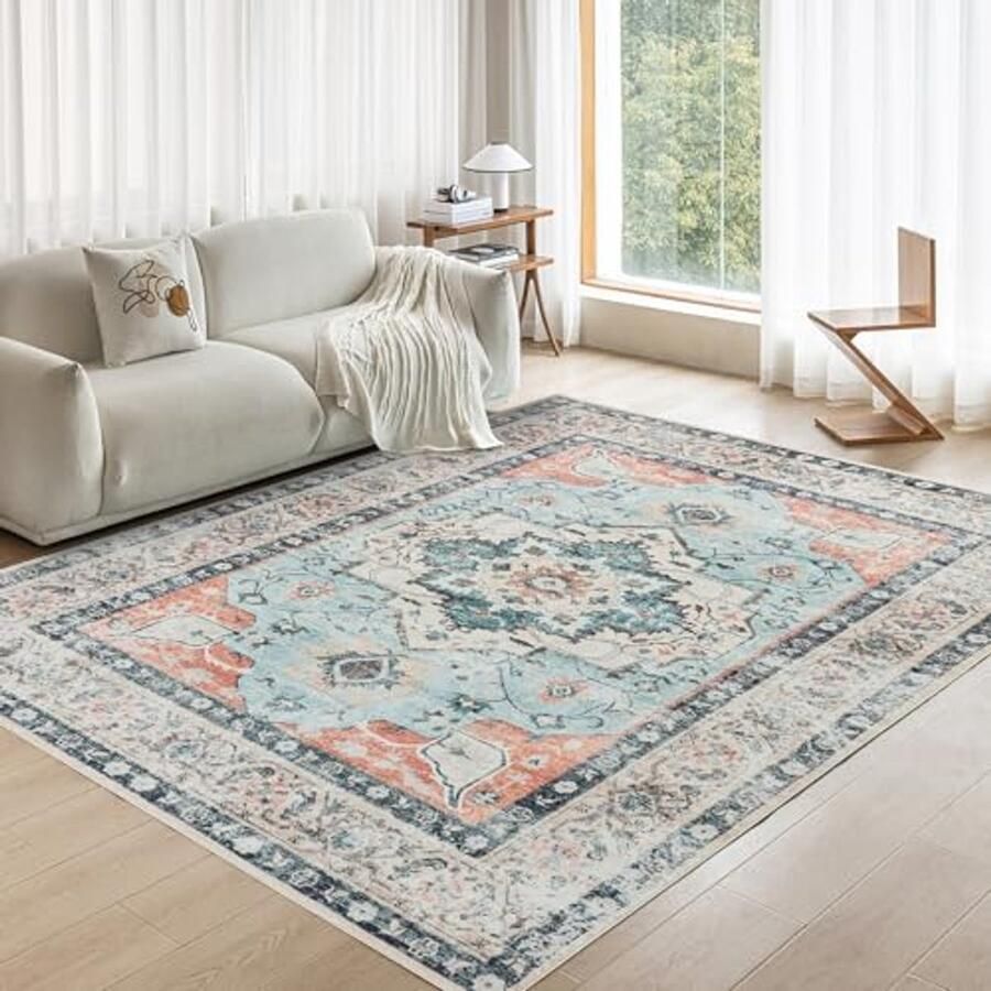 Vintage vloerkleed 120x170 cm Machinewasbaar en Antislip Klassiek Laagpolig Tapijt voor Woonkamer Keuken Eetkamer Thuiswerkplek en Slaapkamer Oranje