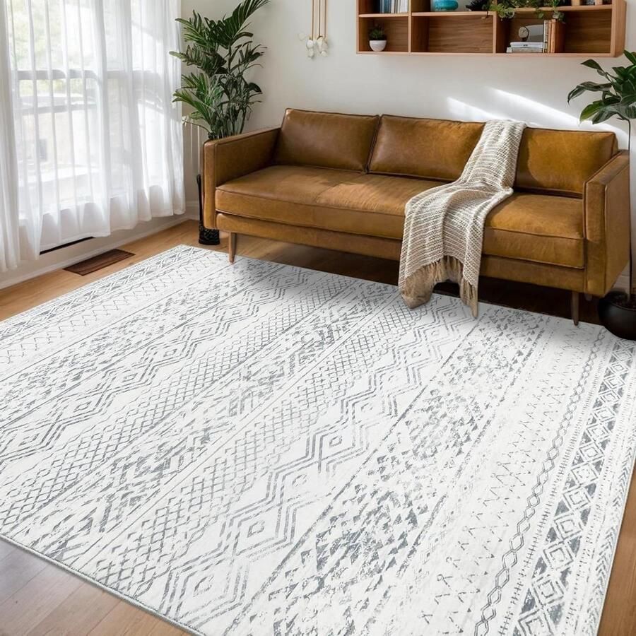 Vloerkleed 160x230cm voor Woonkamer en Slaapkamer Modern Design Zacht en Slipvast Kortpolig Afwasbaar Grijs Wit Geschikt voor Kinderkamer