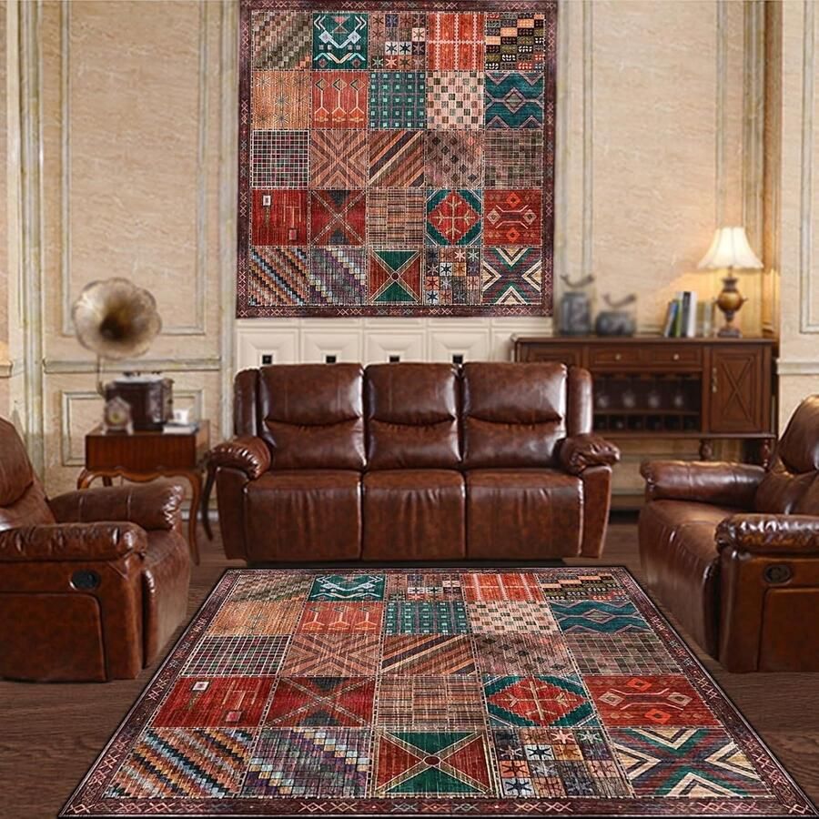 Vloerkleed 200 x 200 cm 6'6 x 6'6 ft Vierkant Vloerkleed Grote Woonkamer Vintage Loungedecor Rood Oranje Bruin Groen Blauw Geel Roze Patchwork Patroon Tapijt