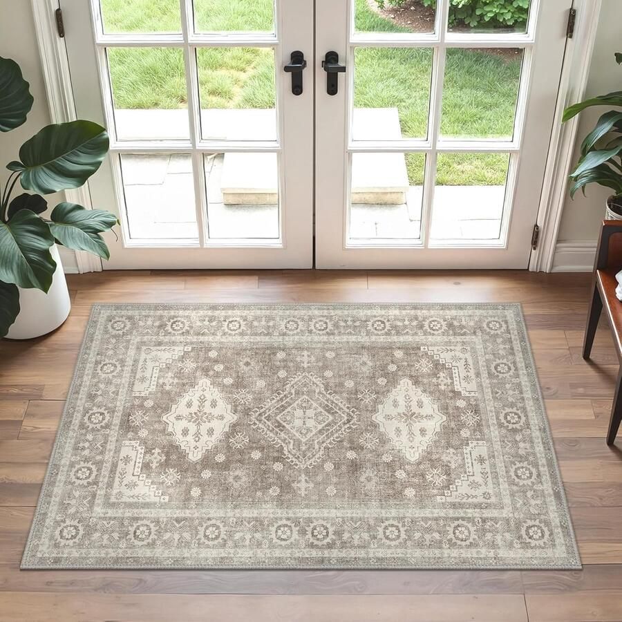 Vloerkleed 60 x 90 cm Wasbare Vintage Deurmat met Bloemenprint Dun Antislip Tapijt voor Ingang Badkamer en slaapkamer