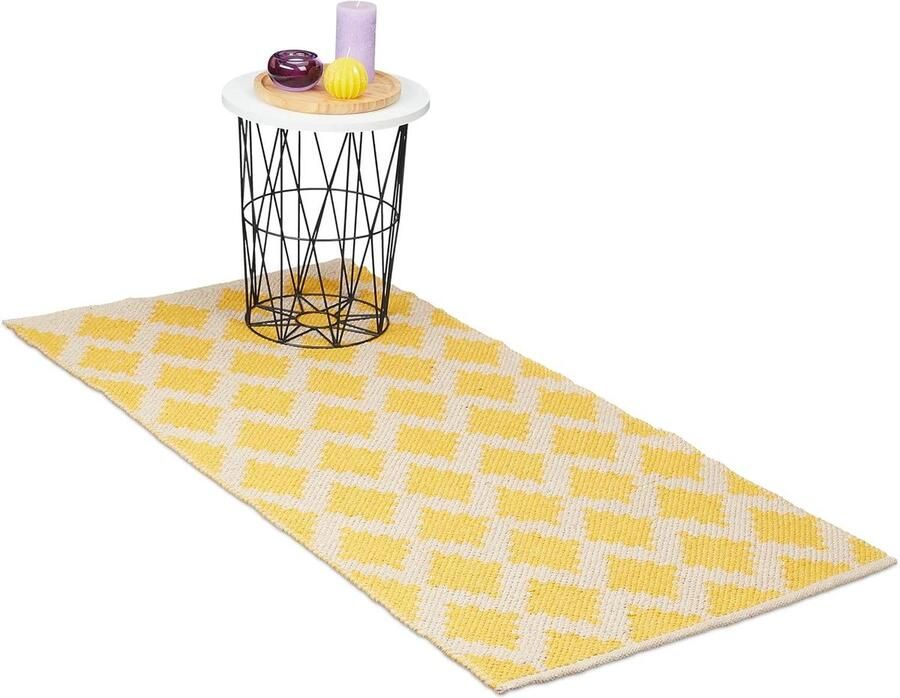 Vloerkleed 70 x 140 cm katoen handgeweven antislip tapijt ruitjes hal keuken beige geel vloerkleed