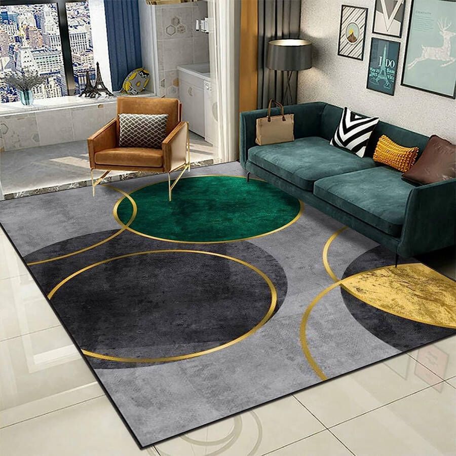 Vloerkleed 80 x 160 cm grijs smaragdgroen goudengeel cirkel geometrisch design modern laagpolig tapijt antislip wasbaar voor woonkamer slaapkamer hal