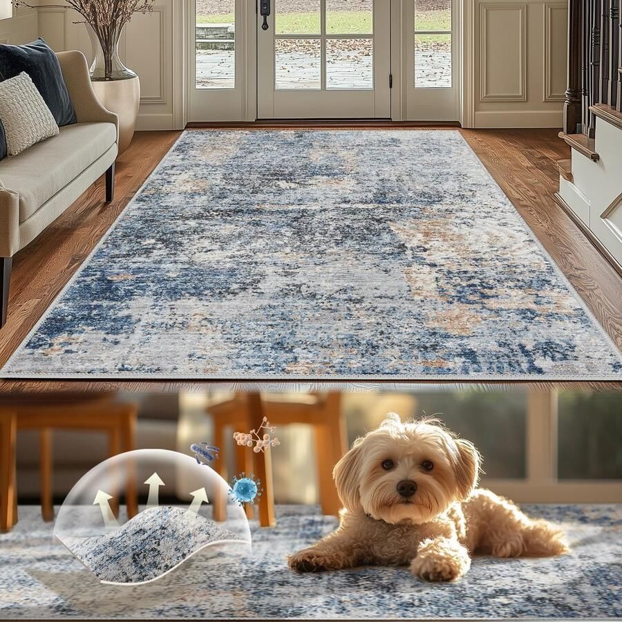 Vloerkleed abstract modern wasbaar en opvouwbaar 120 x 180 cm blauw