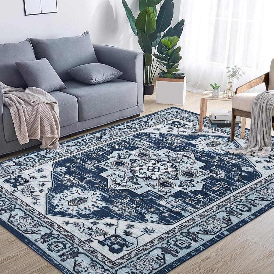 Vloerkleed antislip tapijt met modern bloemenpatroon wasbaar oosters design voor woonkamer slaapkamer eetkamer gemiddelde stapelhoogte wit-blauw 120 x 170 cm vloerkleed