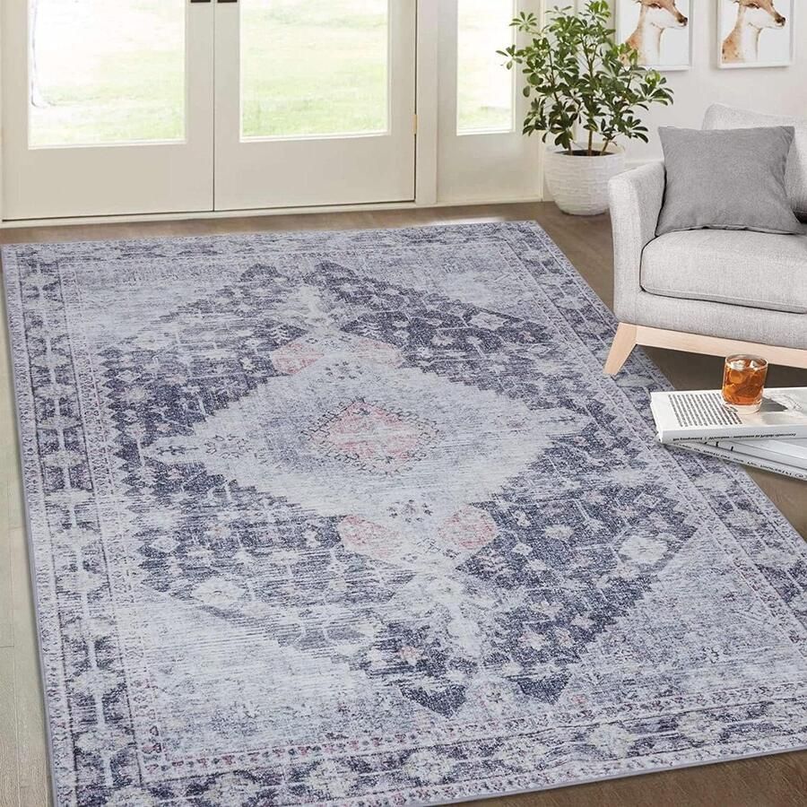 Vloerkleed antislip traditioneel medaillon opvouwbaar verontrust grote tapijten slaapkamer eetkamer zacht tapijt laagpolige vloermat machinewasbaar zwart 120x170 cm vloerkleed