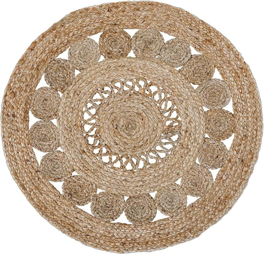 Vloerkleed Balo rond boho jute tapijt handgeweven natuur 60 cm rond beige met franjes vloerkleed